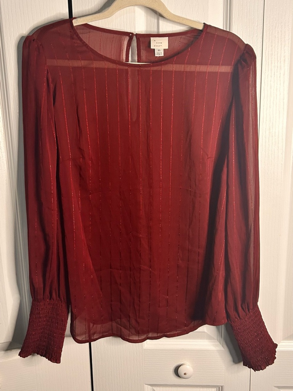 A New Day Womens‎ XL Burgundy Metallic Sheer Smocked Cuff Blouse Top